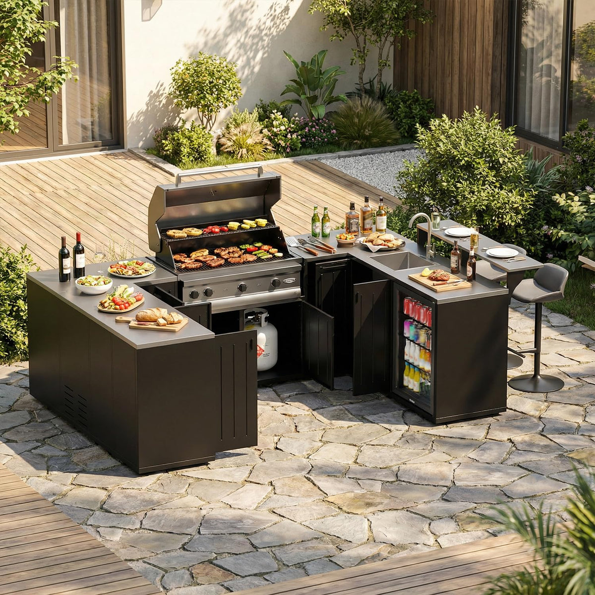 130“ Large Outdoor Kitchen Island for BBQ Gas Grill, Black