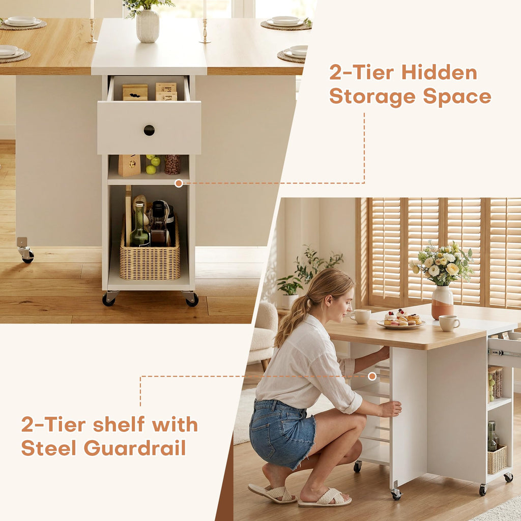 Jocoevol Folding Dining Table for Small Spaces, Foldable Kitchen Table with Drawer, 2-Tier Storage Shelf & Wheels, Space Saving Dining Table for 2 4, Farmhouse, Natural