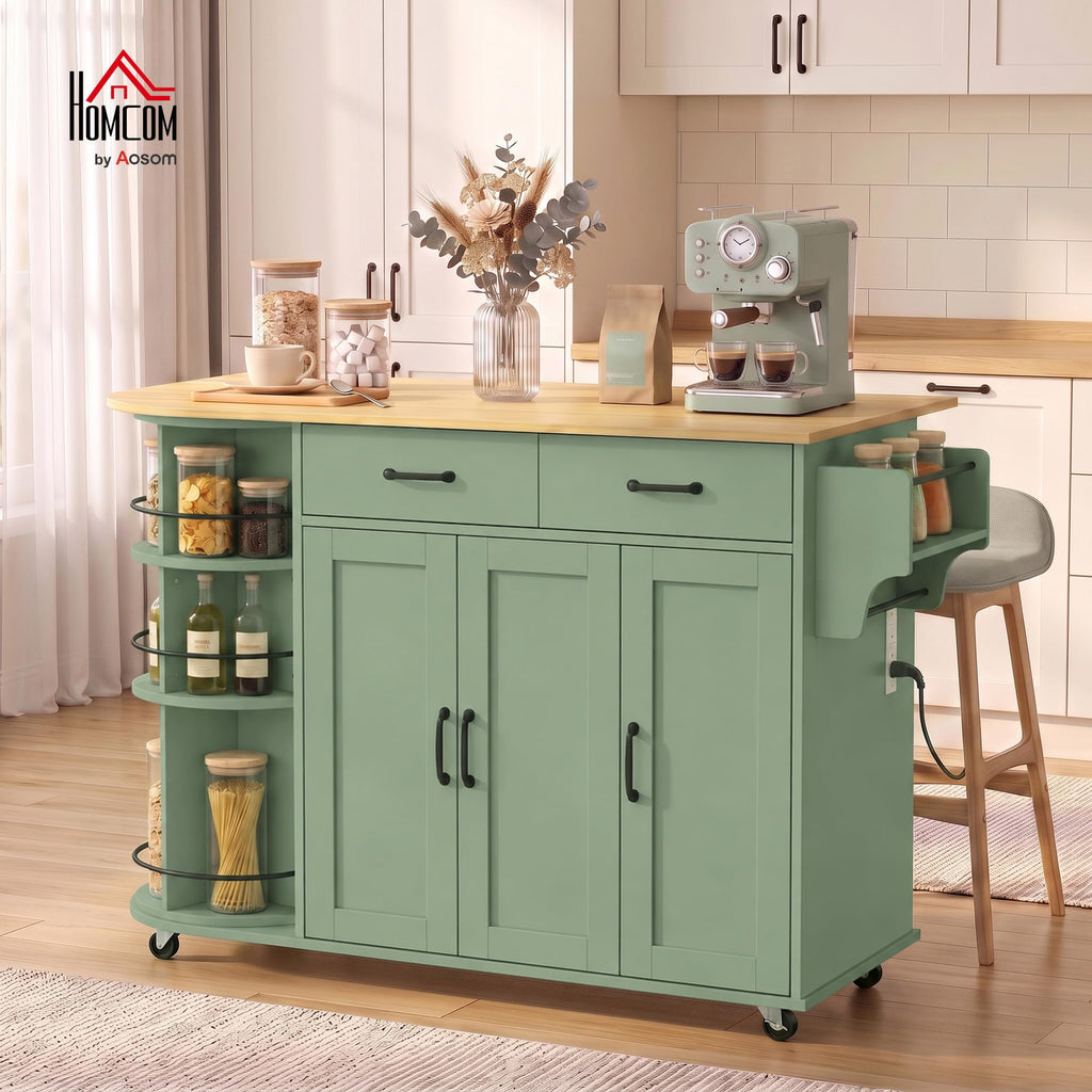 HOMCOM 53" Rolling Kitchen Island with Power Outlet, Storage, Sage Green