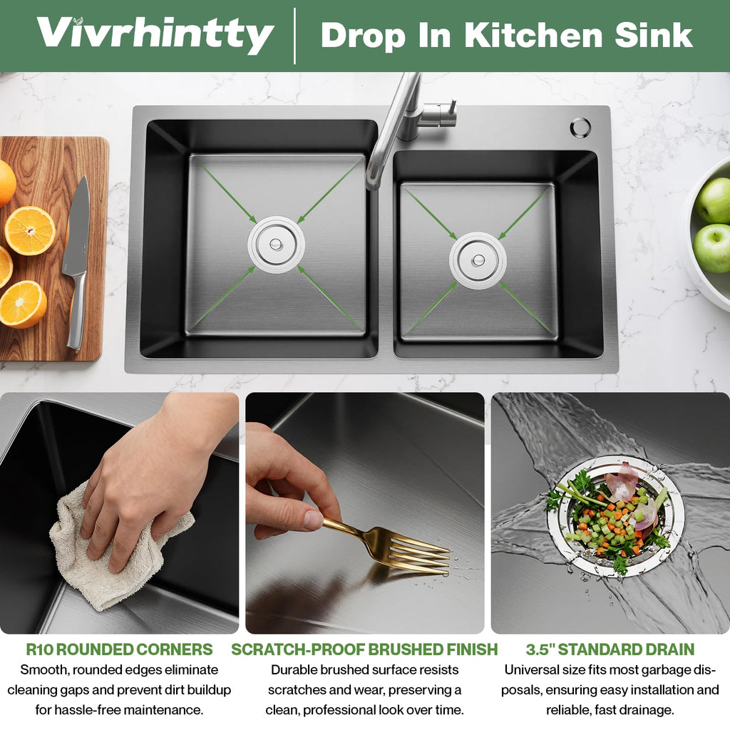 30-inch Black Kitchen Sink, Double Bowl Drop-in/Top-Mount 304 Stainless Steel with Nano Coating, Includes Drain Assembly & Fruit Basket for Modern Kitchen (30.7" x 16.9")