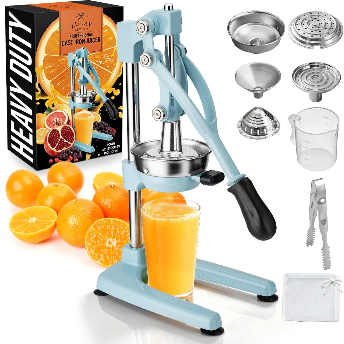 Zulay Kitchen Cast Iron Juicer, Orange Manual Juicer Press, 9-in-1, Blue