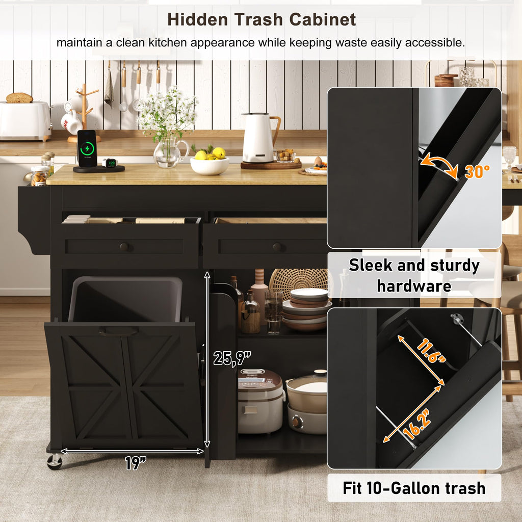 81.6"-51" Extendable Rolling Kitchen Island with Extended Dining Table & Power Outlet, Mobile Kitchen Storage Islands with Trash Cabinet, Large Islands Cart with Storage and 2 Seatings, Black