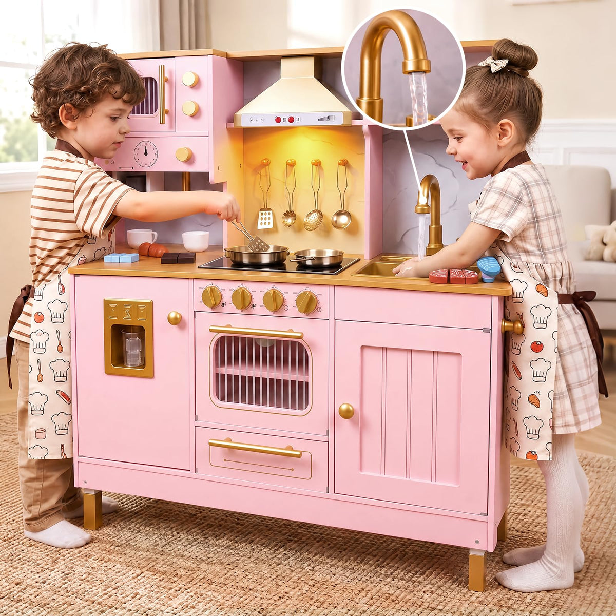 Wooden Play Kitchen for Kids with Real Running Water Sink, Light & Sounds, Ice Maker, Cuttable Play Food, Microwave, Oven & Coffee Maker, Pretend Kitchen Toy Set for Girls Boys Ages 3+, White