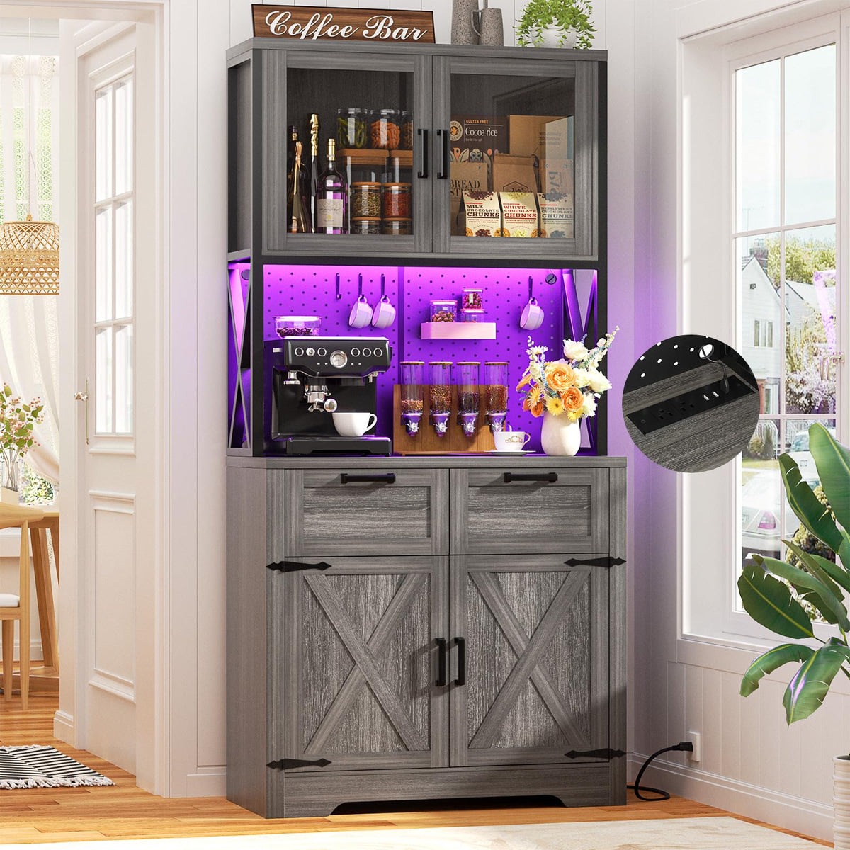 Unikito 71" Kitchen Pantry Cabinet with LED Light & Outlet, Microwave Stand