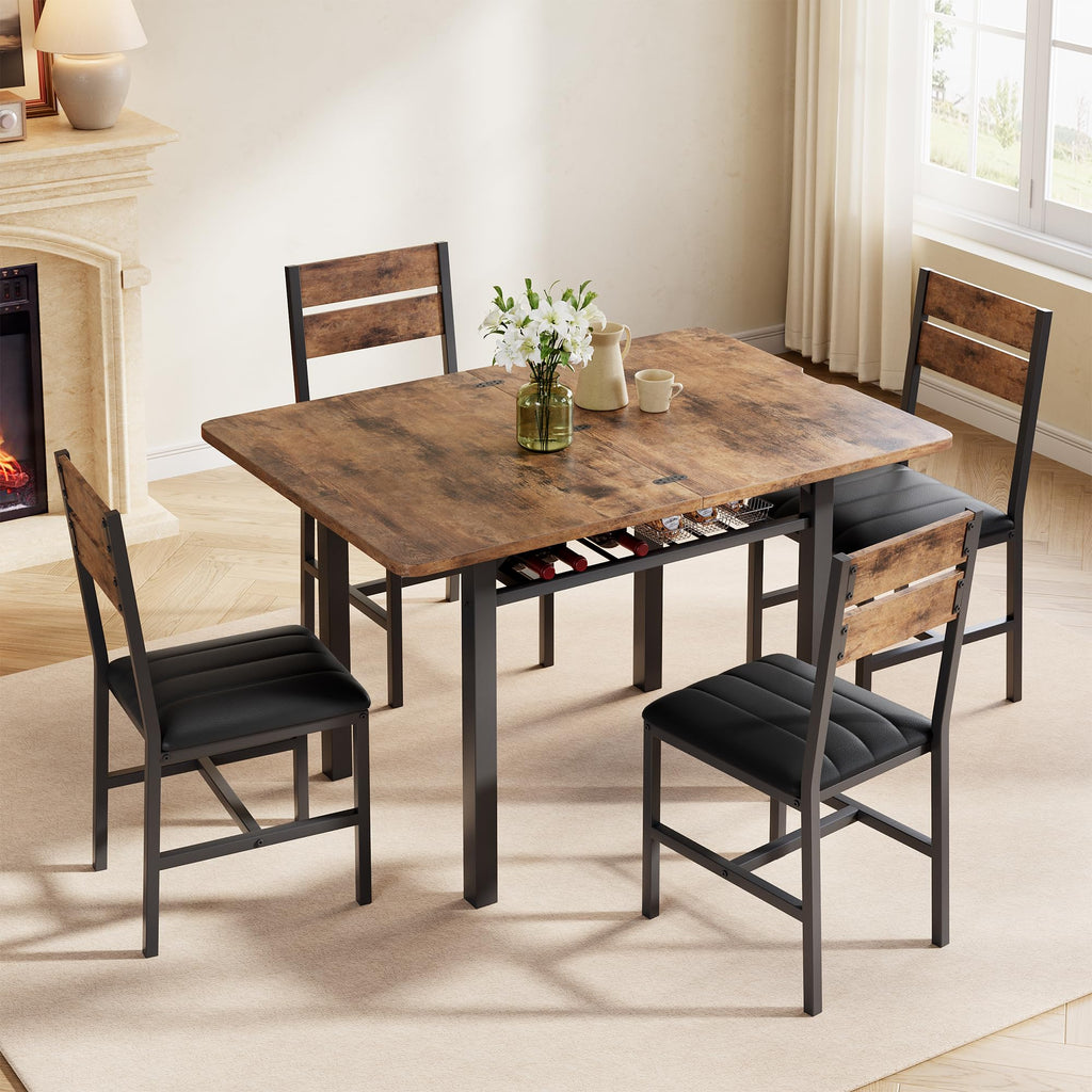 Extendable Dining Table Set for 4 with Built-in Shelf Rack Brown