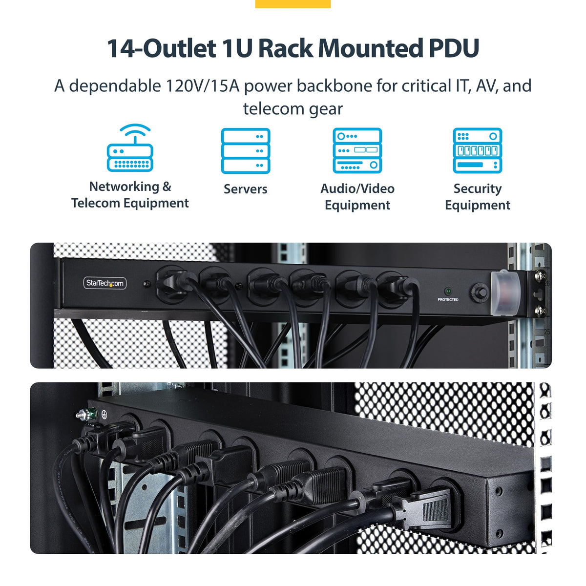 StarTech 14-Outlet 1U PDU, 6 Front 8 Rear, Surge, TAA (1415B8H-RACK-PDU-SP)