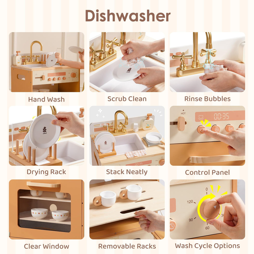 ROBUD 4-in-1 Wooden Play Kitchen Set with Fridge Washer Dishwasher