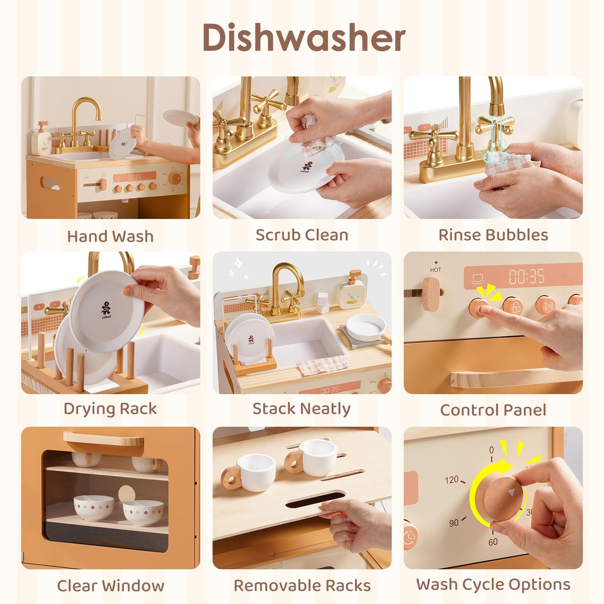ROBUD 4-in-1 Wooden Play Kitchen Set with Fridge Washer Dishwasher