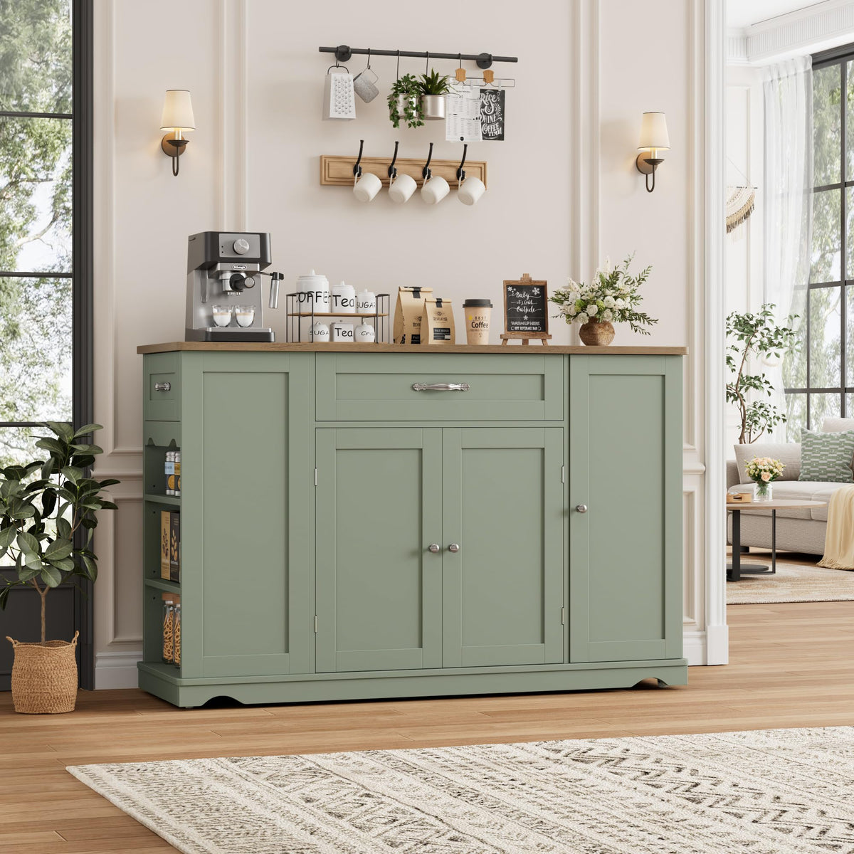 HOSTACK 47"W Kitchen Island Cart with Storage, Rolling Island Table, Green