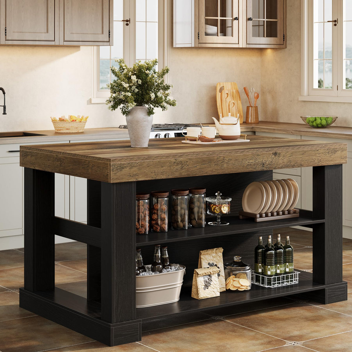 Tribesigns 55" Kitchen Island with Seating and Storage, 3-Tier, Modern