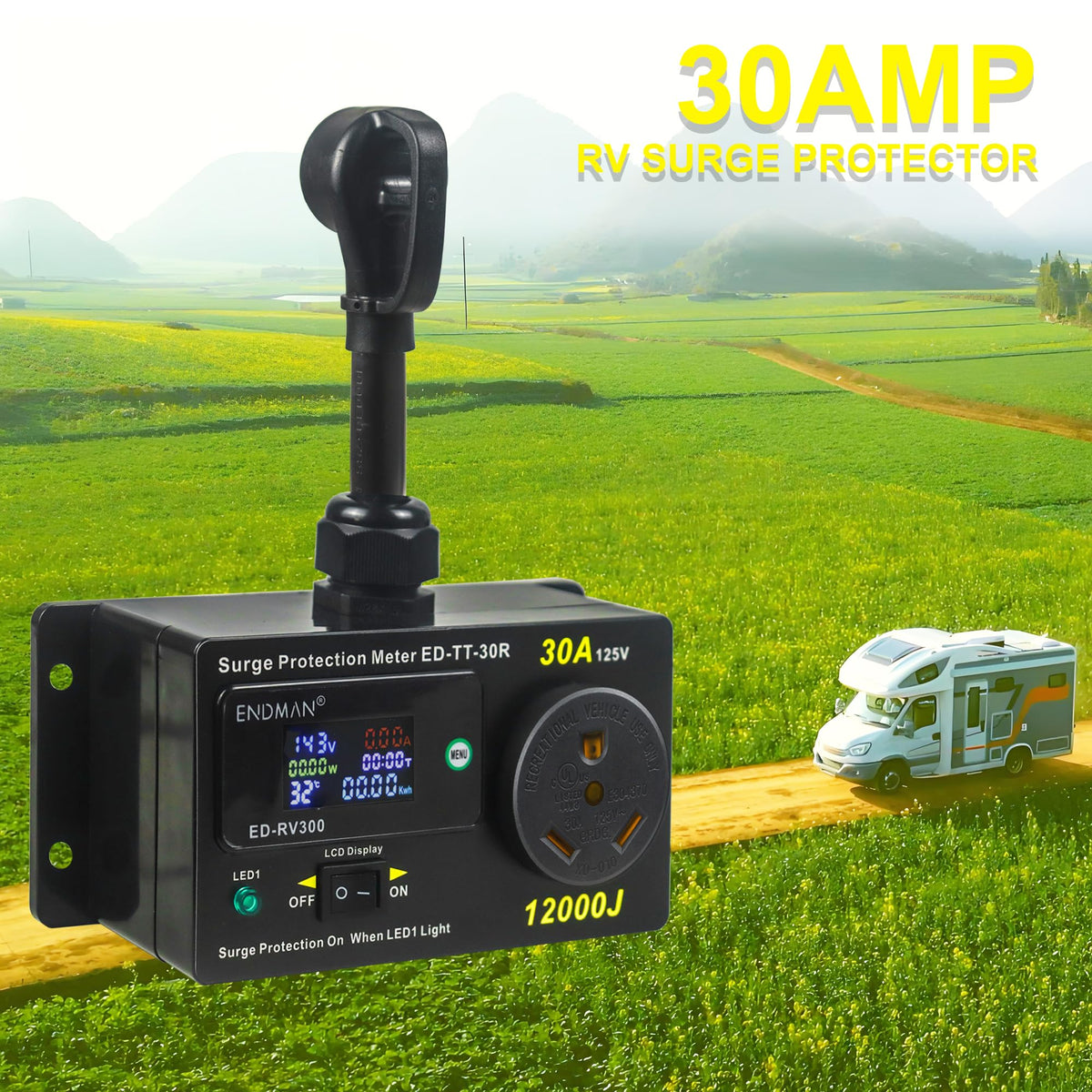RV 30 Amp Surge Protector with Power Meter 12000 Joules NEMA TT-30P