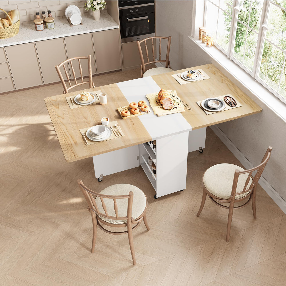Jocoevol Folding Dining Table for Small Spaces, Foldable Kitchen Table with Drawer, 2-Tier Storage Shelf & Wheels, Space Saving Dining Table for 2 4, Farmhouse, Natural