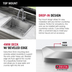 DELTA FAUCET 95A932-33S-SS Lorelai Workstation Kitchen Sink Drop-in Top Mount Stainless Steel Single Bowl with WorkFlow Ledge and Chef’s Kit of 5 Accessories