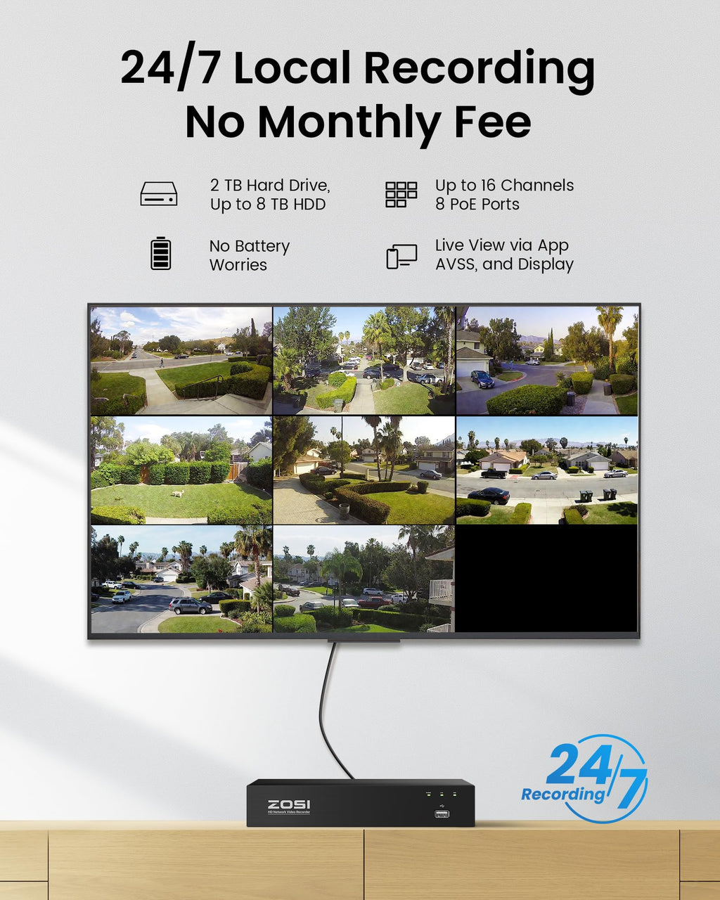ZOSI 4K 8CH PoE Security Camera System, 8X 8MP Outdoor Dome Cam, 2TB HDD