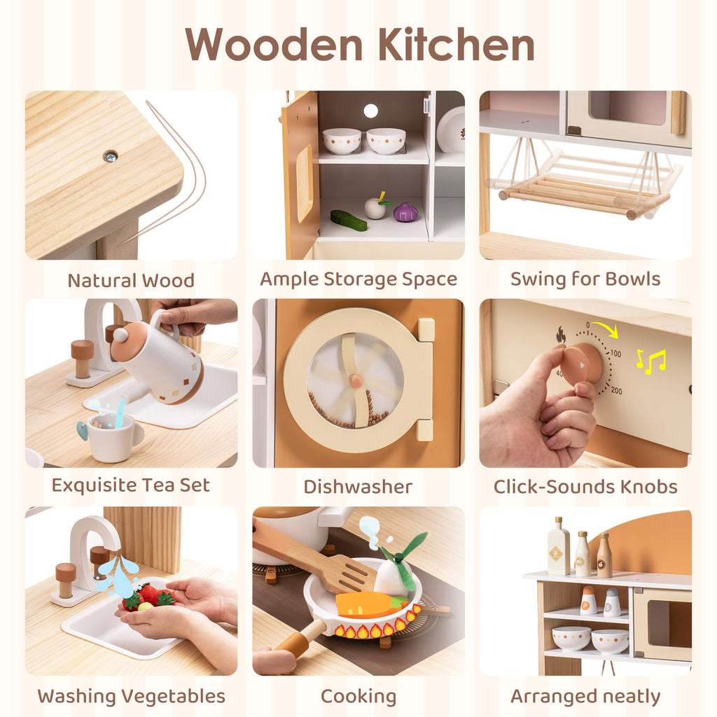 ROBUD 4-in-1 Wooden Play Kitchen Set with Fridge Washer Dishwasher