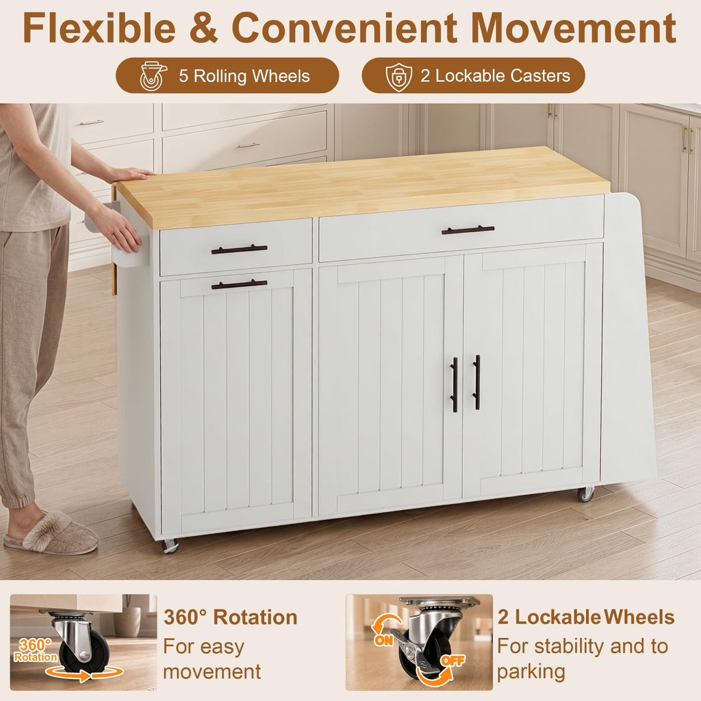 65" Kitchen Island with Drop Leaf, Rolling Island with Spice Rack & Towel Rack, Mobile Kitchen Island Cart with 2 Draws & Trash Storage Cabinet, Portable Island Table on Wheels for Kitchen