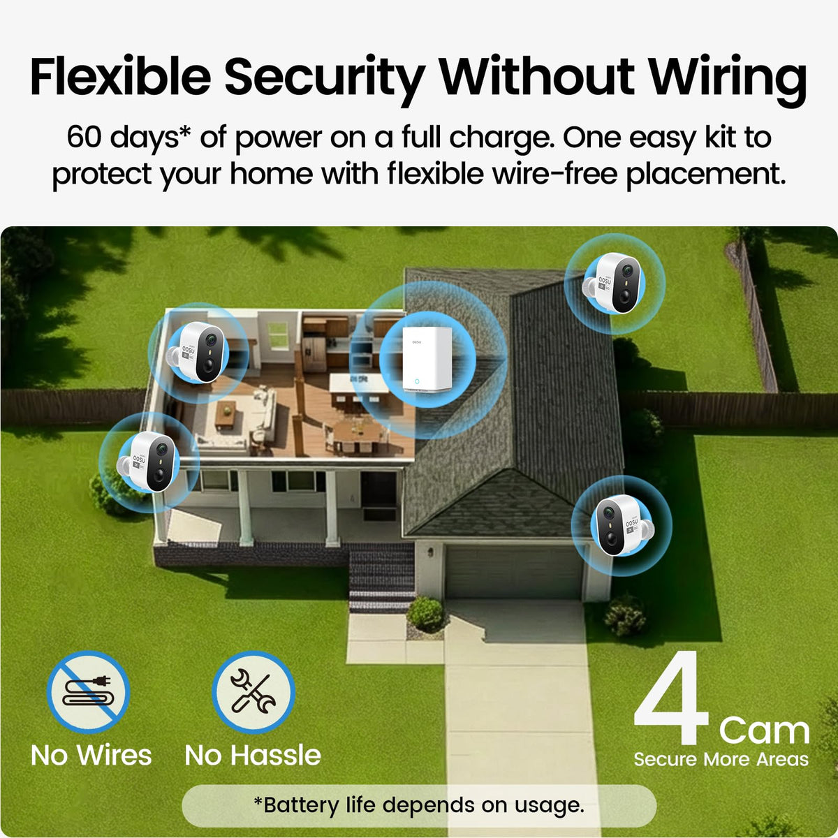 aosu 2K Battery Security Cameras Wireless Outdoor System, 4-Cam-Kit