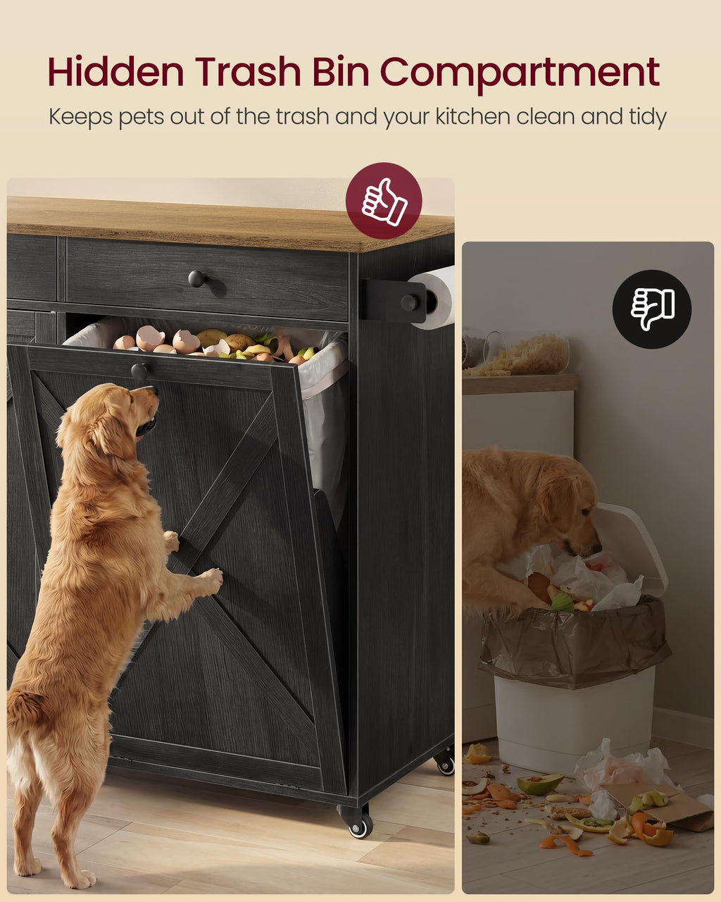 VASAGLE Mobile Kitchen Island with Trash Can Storage, Drop Leaf