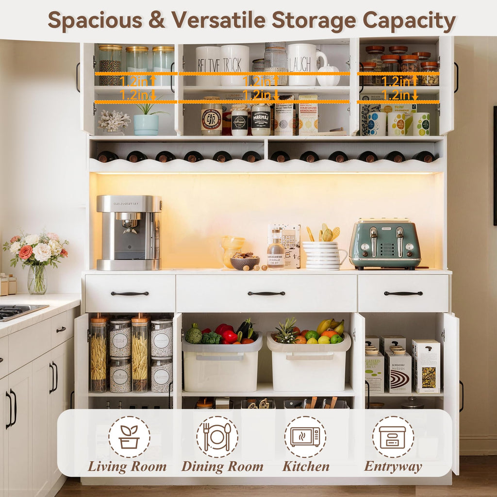 White 72" Tall Kitchen Pantry Cabinet with Charging Station 55" Wide Hutch with LED Light and Countertop