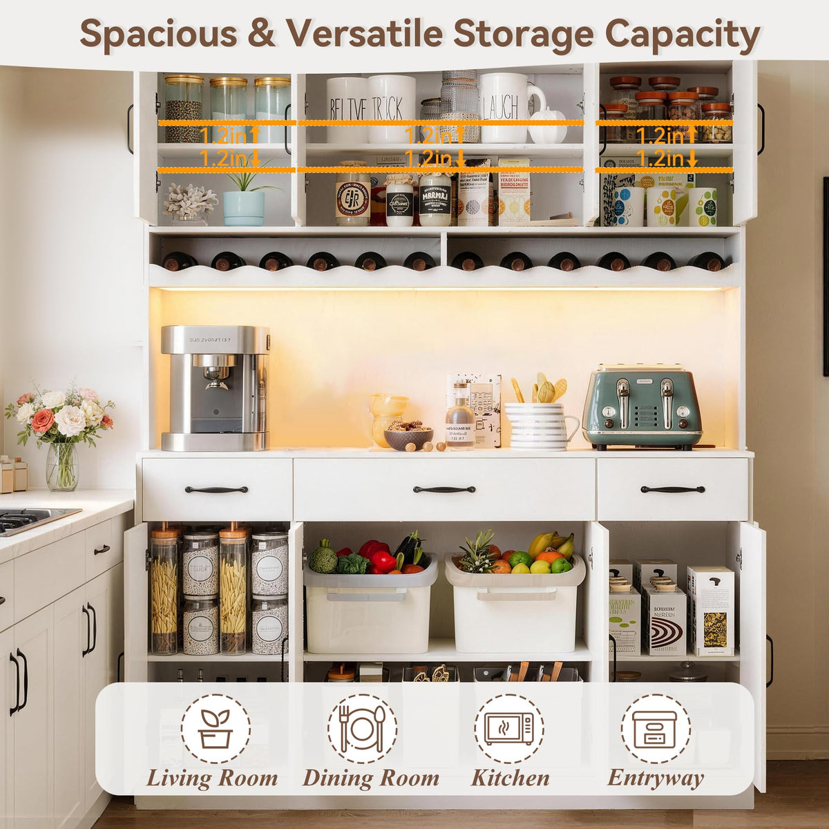 White 72" Tall Kitchen Pantry Cabinet with Charging Station 55" Wide Hutch with LED Light and Countertop