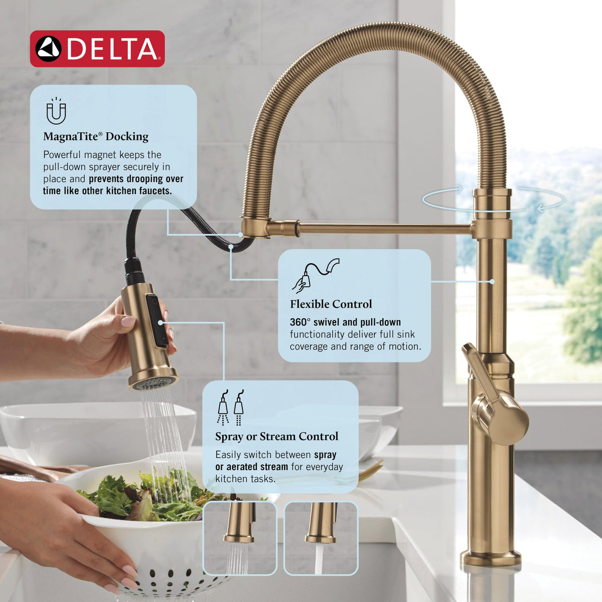 Delta Faucet Rhett Pro Commercial Style Kitchen Faucet with Pull Down Sprayer, Gold Commercial Kitchen Faucet, Spring Kitchen Faucet, Delta Kitchen Sink Faucet, Champagne Bronze 18829-CZ-DST