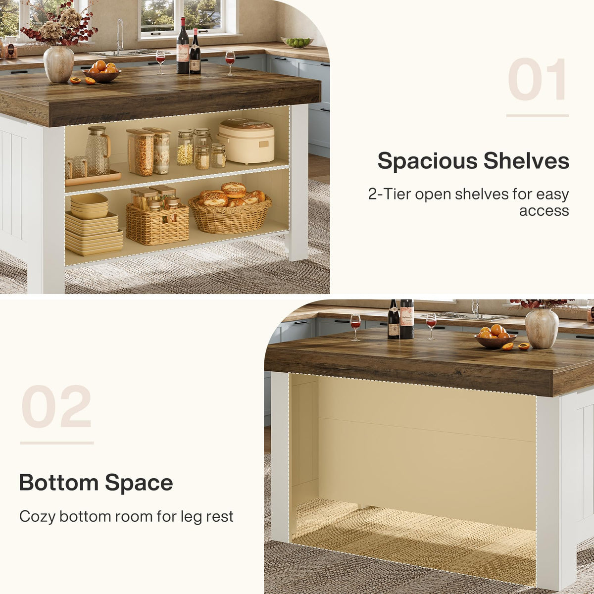 Tribesigns 55" Kitchen Island with Storage & Seating (Rustic Brown & White)