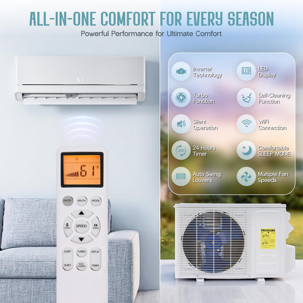 SPECRAFT 18,000 BTU Mini Split Air Conditioner and Heater, Energy-Efficient Inverter, SEER2 18, 220V, Self-Cleaning, Remote & App Control, Quick & Easy Installation, Cooling & Heating for 1250 Sq.Ft.