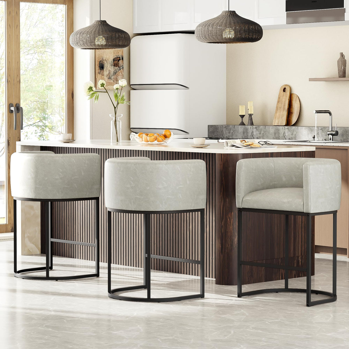 26" H Counter Height Bar Stools Set of 3, Modern Barrel Counter Stools with Backrest and Arms, Linen Fabric Upholstered Accent Barstools for Kitchen Island, Support 450 LBS, Beige