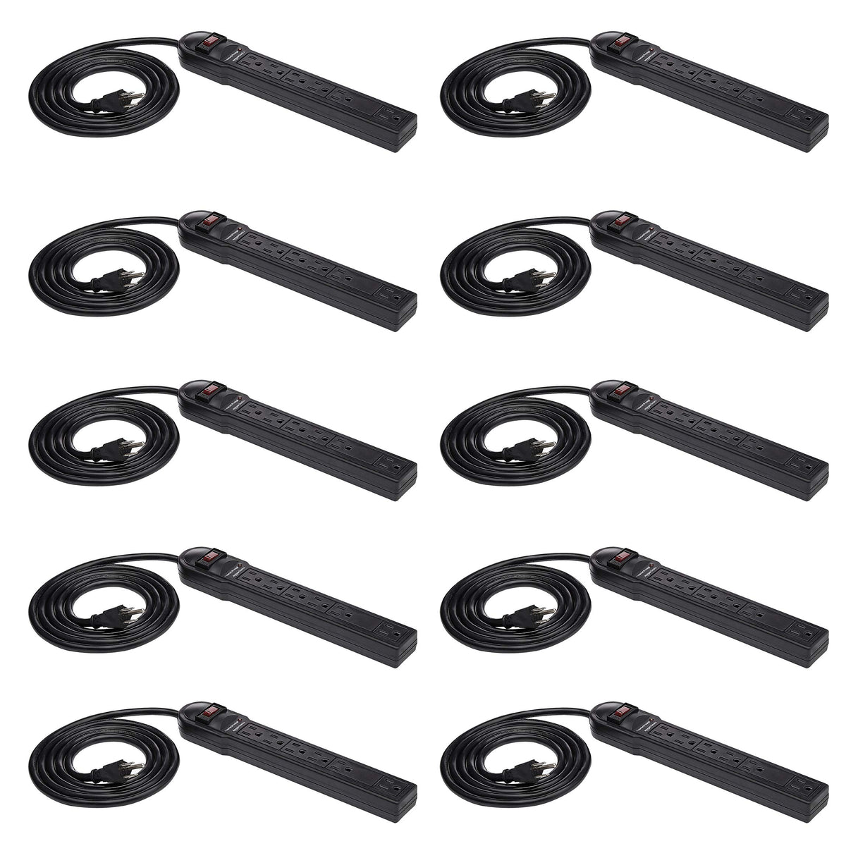 Amazon Basics Surge Protector Power Strip, 6-Outlet, 790 Joules, Circuit Breaker, LED Indicator, 6ft Extension Cord, Black, 10-Pack