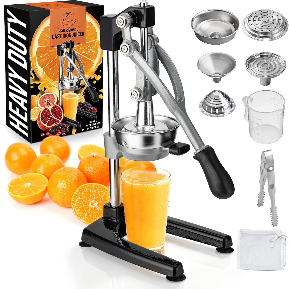 Zulay Kitchen Cast Iron Juicer, Orange Manual Juicer Press, 9-in-1, Blue