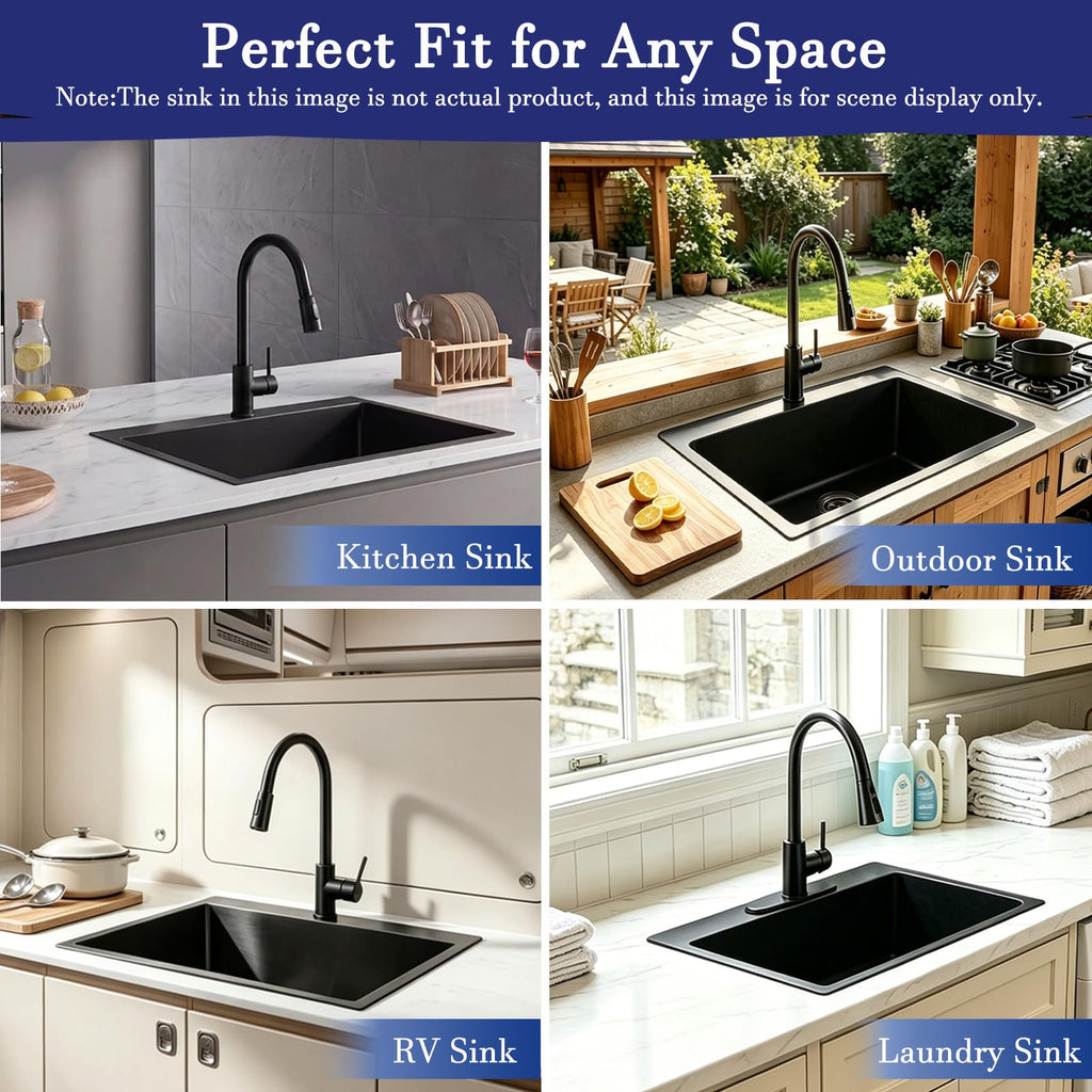 VAPSINT 33x22 Black Drop in Kitchen Sink, 33 Inch Gunmetal Black Stainless Steel Top Mount Kitchen Sink, Single Bowl Laundry Sink with Strainer