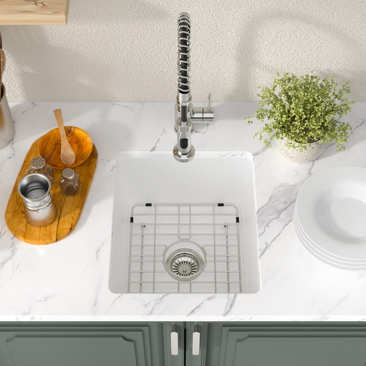 Lordear 18 Inch White Kitchen Sink Granite Composite Undermount Bar Workstation 18x18 White Quartz Sinks Under Counter Single Bowl with Classic Gold Accessories