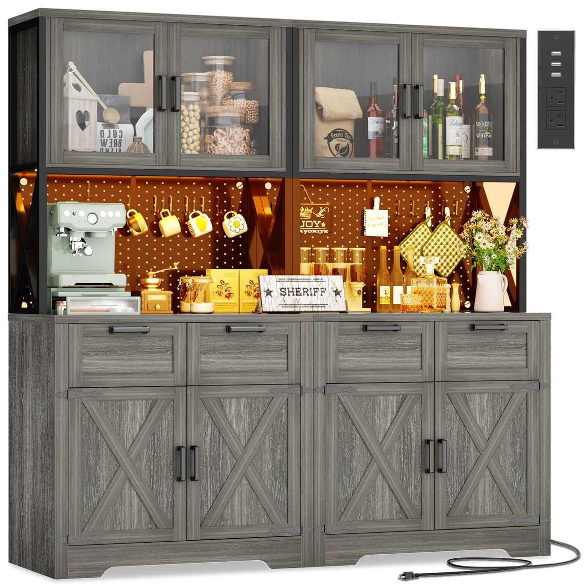 Unikito 71" Kitchen Pantry Cabinet with LED Light & Outlet, Microwave Stand