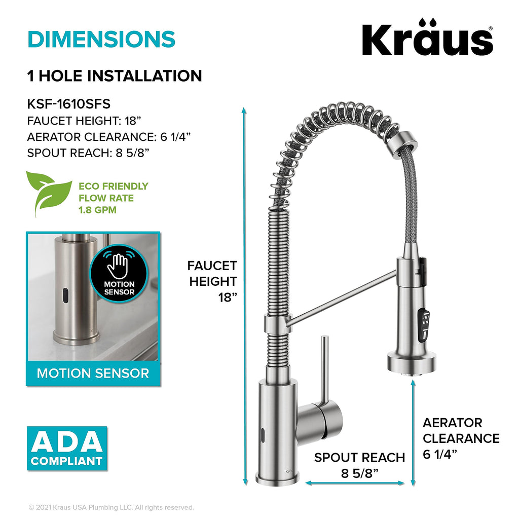KRAUS Stainless Steel 18 in Touchless Pull Down Kitchen Faucet KSF-1610SFS