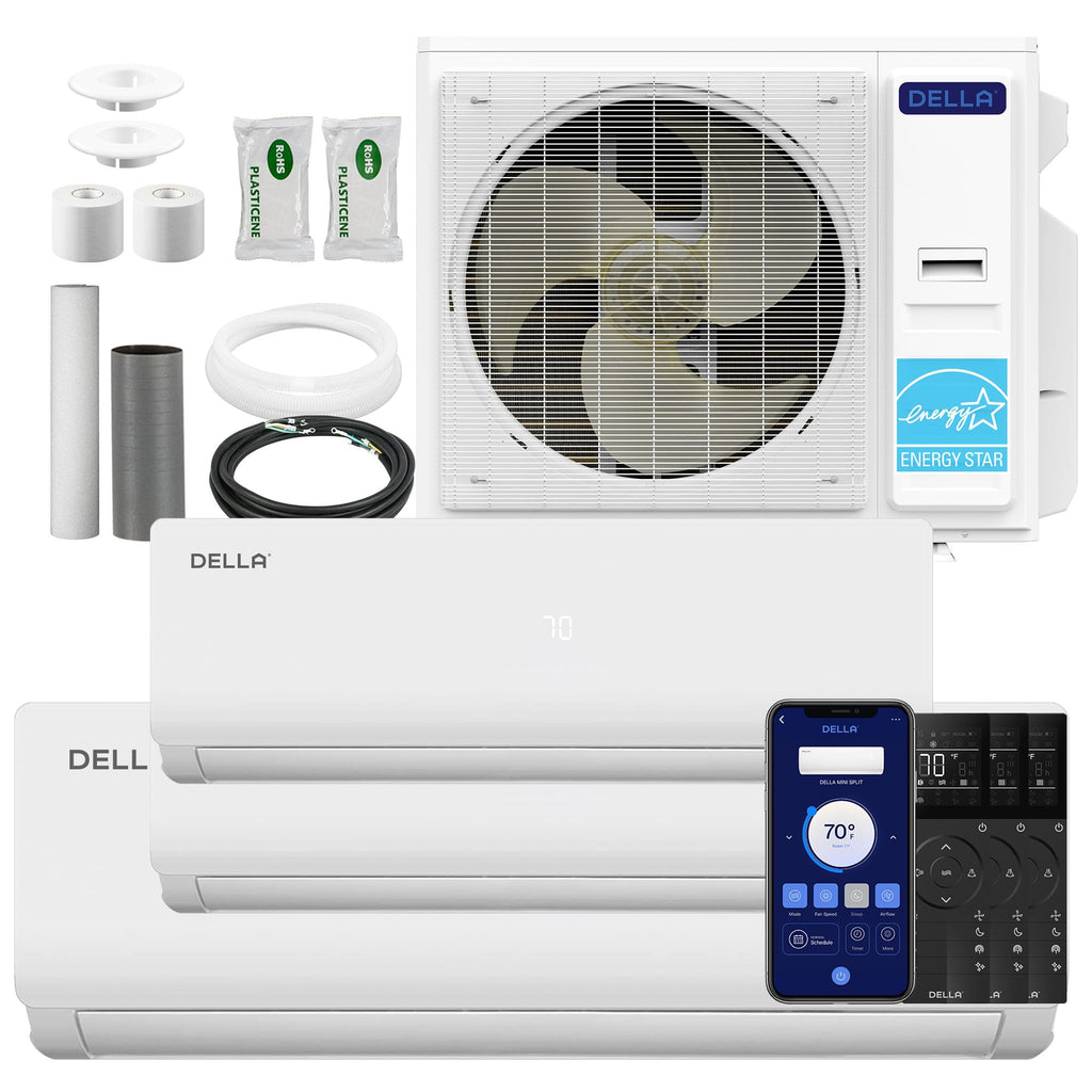 DELLA 35K BTU 3 Zone Mini Split AC (9K+2x18K), 19 SEER2, 16ft Kits