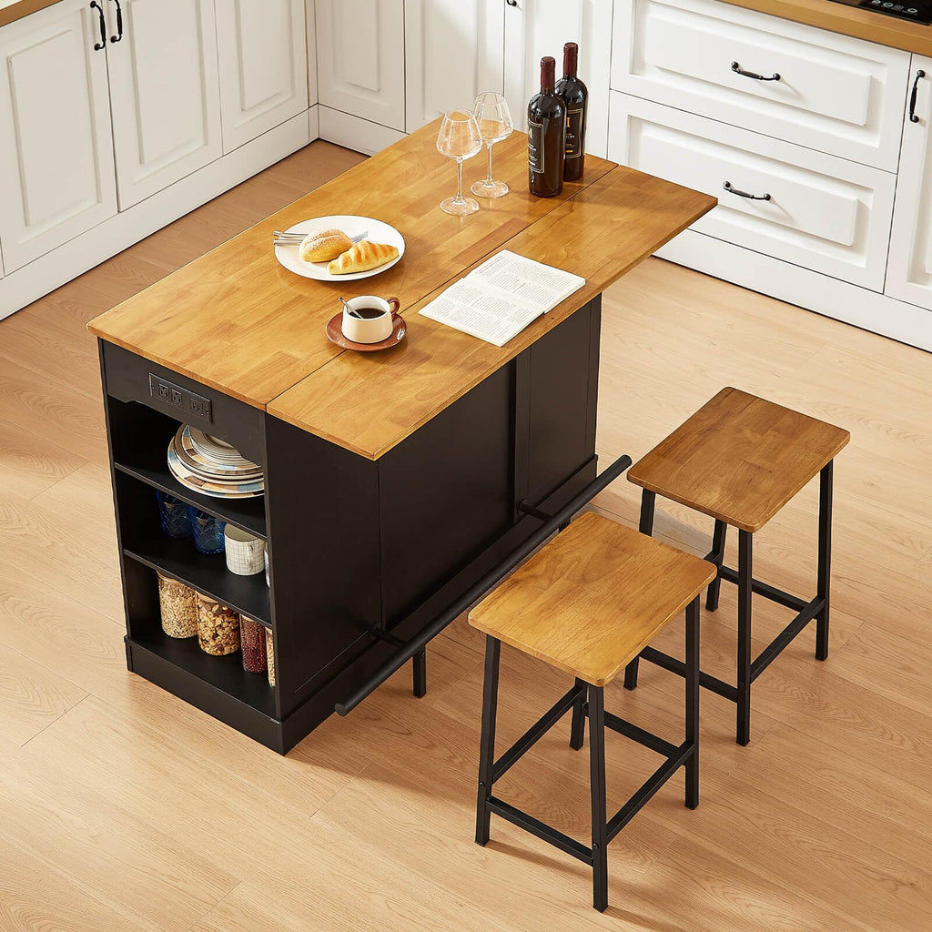 47" Kitchen Island with Trash Can Storage, Include 2 Chairs, Black