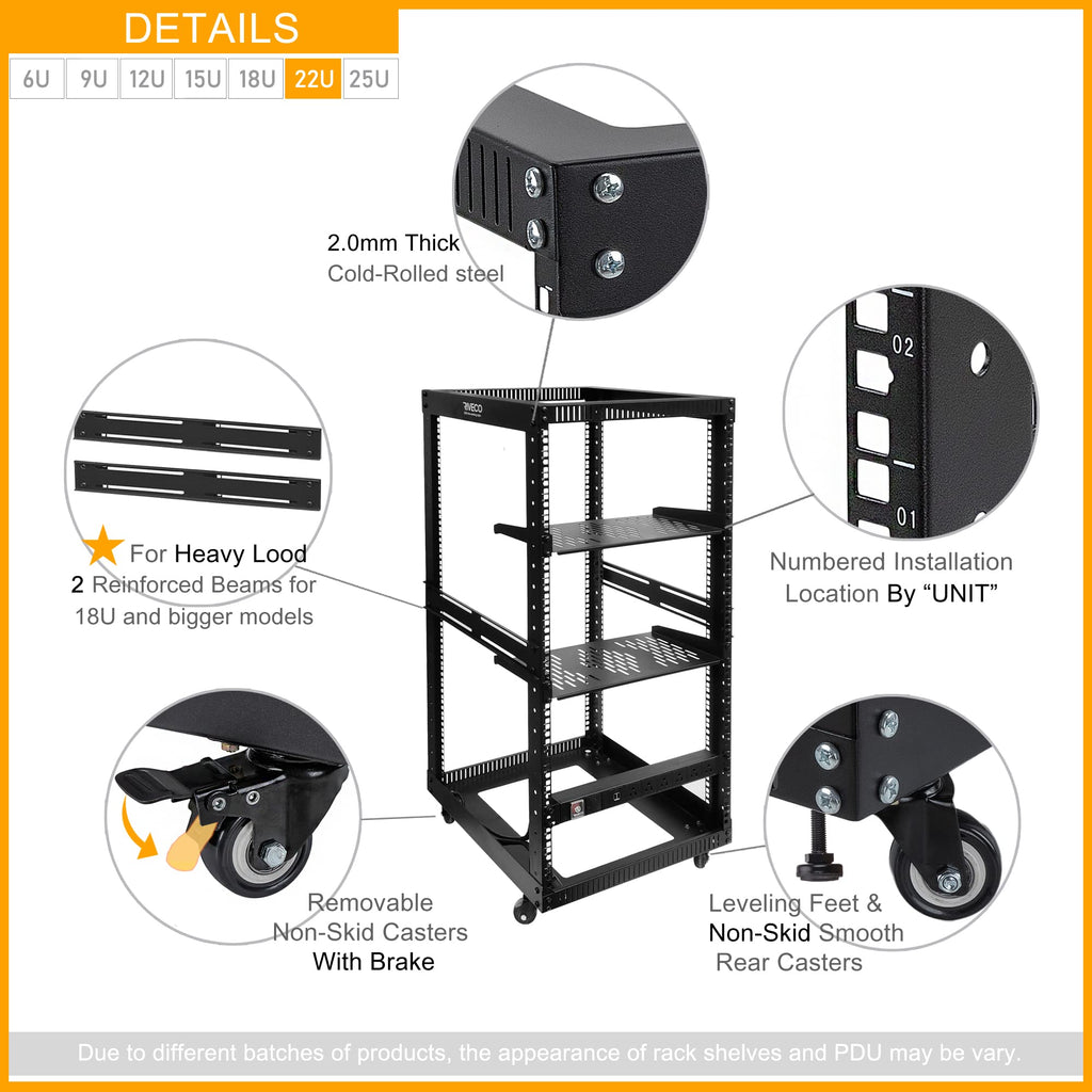 22U Open Frame Server Rack with Brake Casters +19" Rail Mounting PDU (8 Outlets) Power Strip with Surge Protector + 2PCS Rack Shelves Cantilever Tray Set Black
