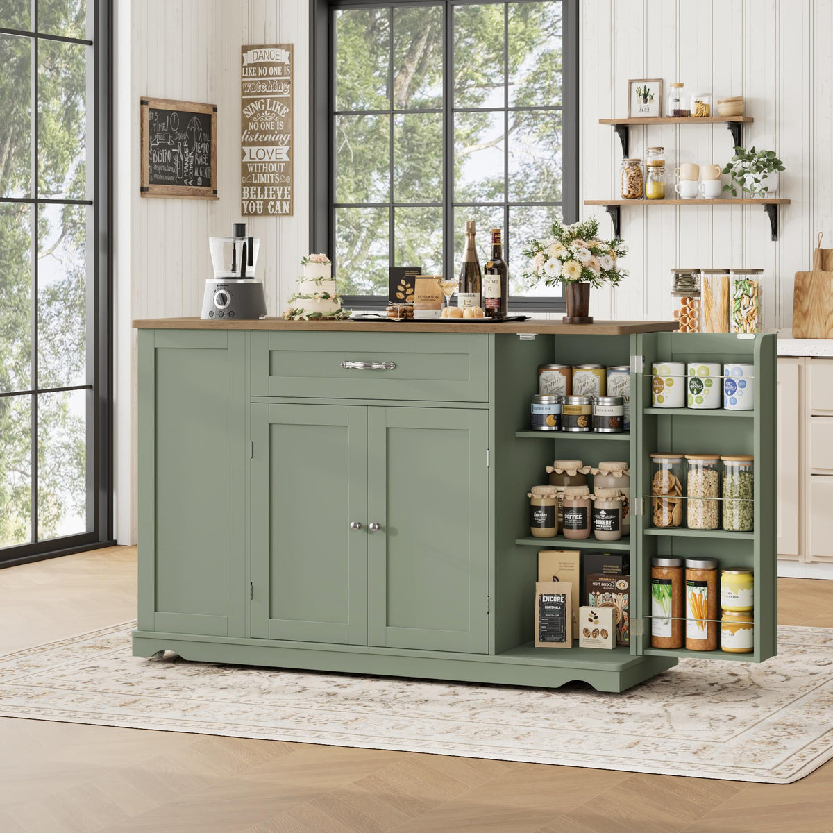 HOSTACK 47"W Kitchen Island Cart with Storage, Rolling Island Table, Green