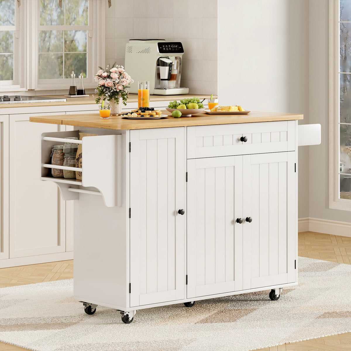 Kitchen Island with Storage, 41.7" Rolling Cart with Drop Leaf, Portable Island Table on Wheels, Spice Rack, Towel Rack and Drawer, White, 41.7" L x 29.5" W