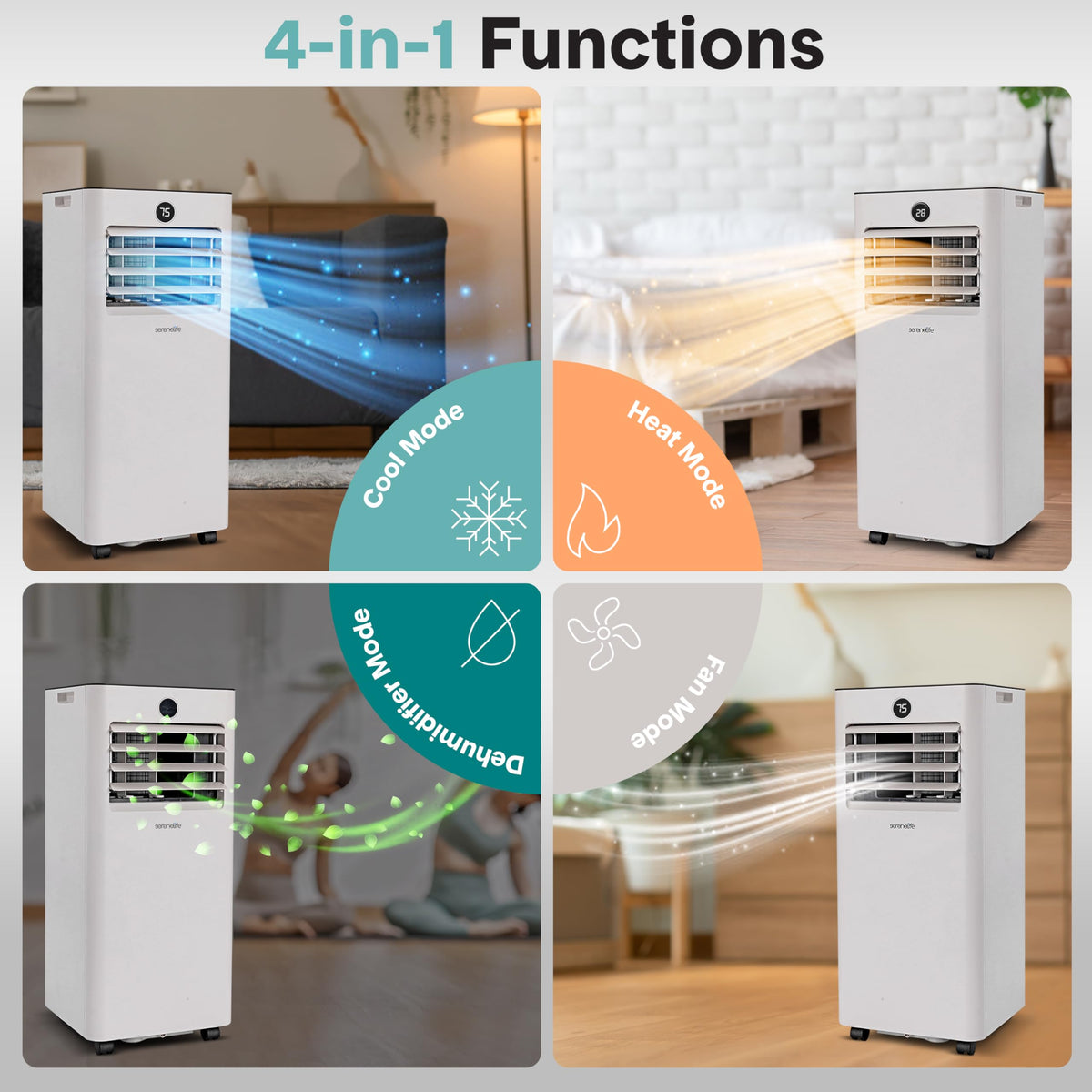 SereneLife 8000 BTU Portable Air Conditioner with Heat, Compact 4-in-1 Portable AC & Heater for Room Up to 350 Sq Ft with Dehumidifier & Fan Function, Remote Control, Window Mount Kit, 13" x 11" x 26"