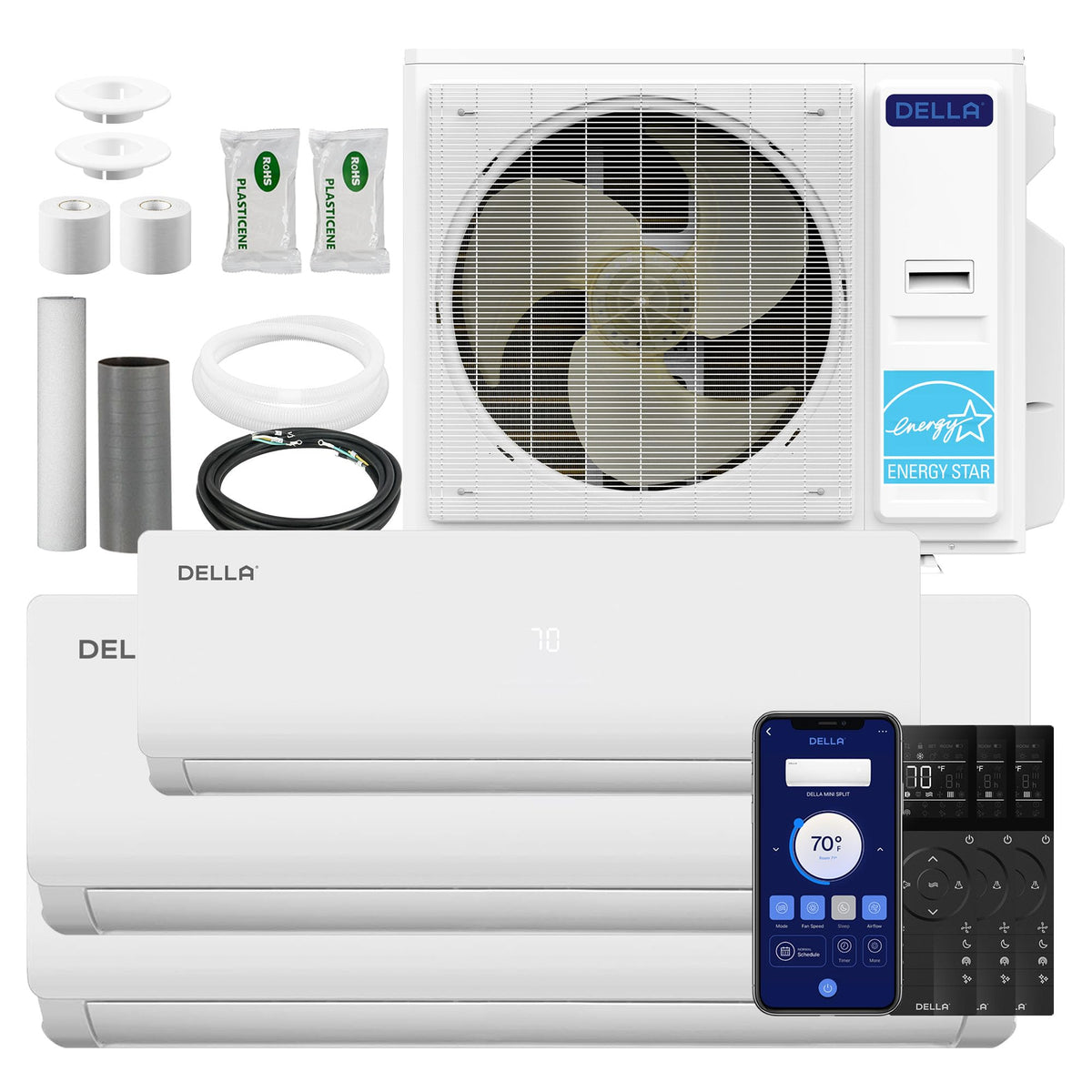 DELLA 35K BTU 3 Zone Mini Split AC (9K+2x18K), 19 SEER2, 16ft Kits