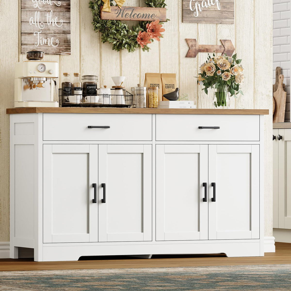 usikey 55" Buffet Cabinet with Storage and Drawers, Large Sideboard Buffet Cabinet with Adjustable Shelves and Doors, Modern Coffee Bar for Kitchen, Living Room, White