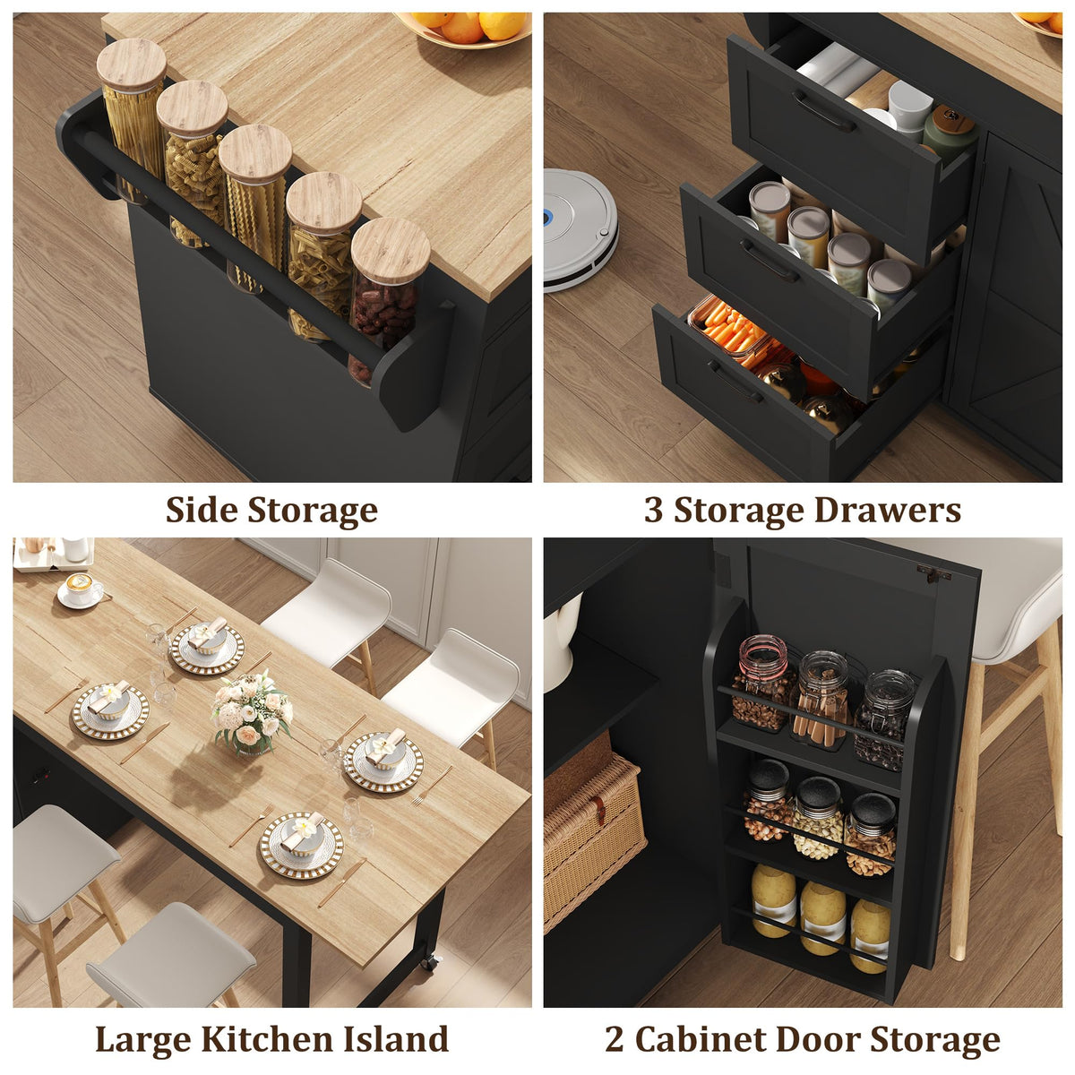 47”- 90” Flip-Top Kitchen Island with Extendable Dining Table, Mobile Rolling Storage Kitchen Cart with 3 Drawers & Spice Rack, Multi-Functional Bar Island Table Seats 2-4, Black