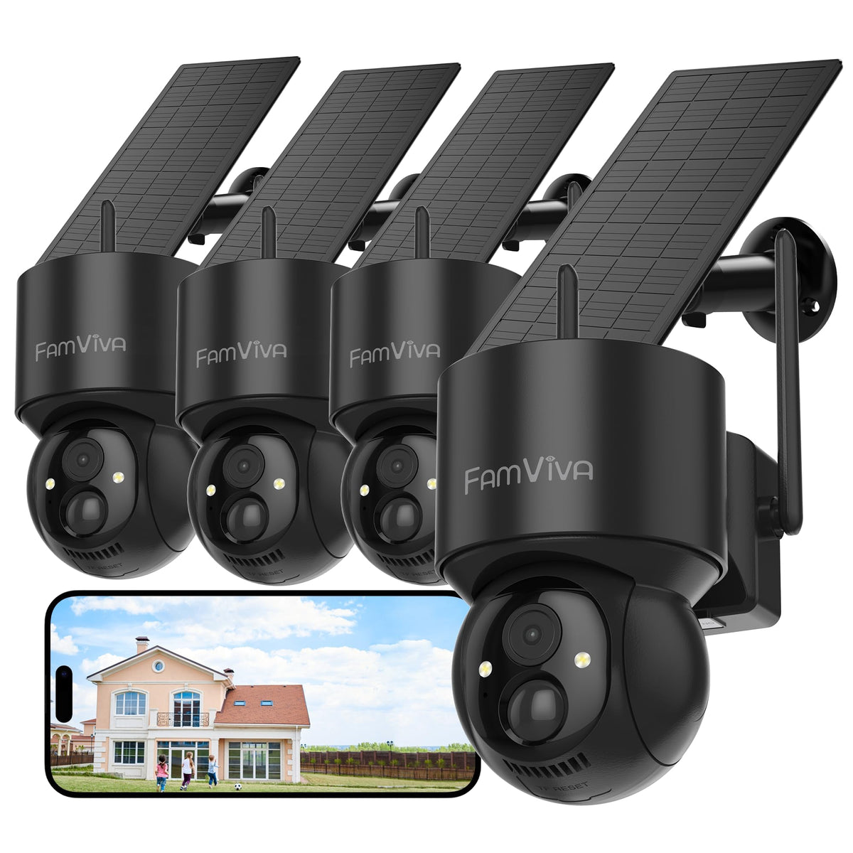 2K Solar Security Cameras Wireless Outdoor, 360°PTZ Battery Powered Cameras for Home Security, 2.4G WiFi Outdoor Camera with Color Night Vision, IP66 Waterproof, Motion Sensor Alarm, Black-4P
