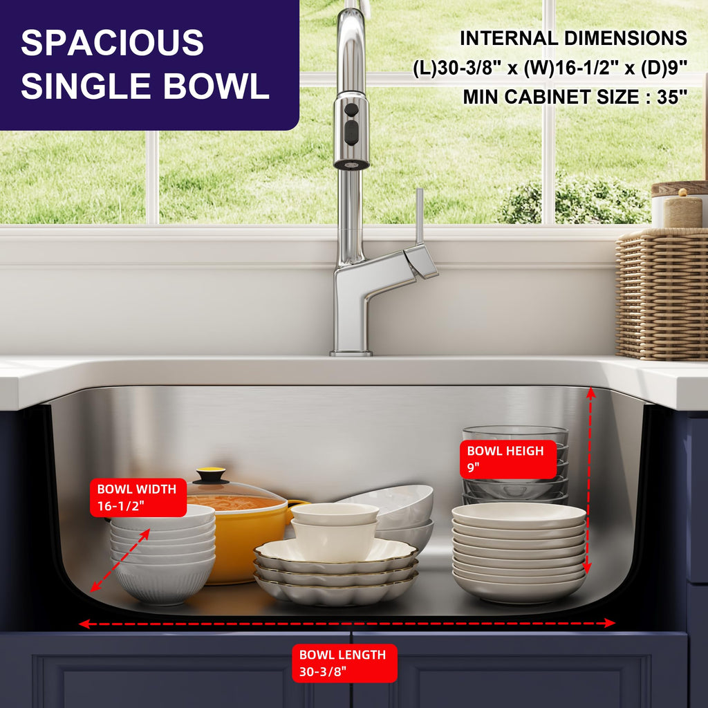 32 Inch Undermount Curved Spacious Single Bowl Kitchen Sink