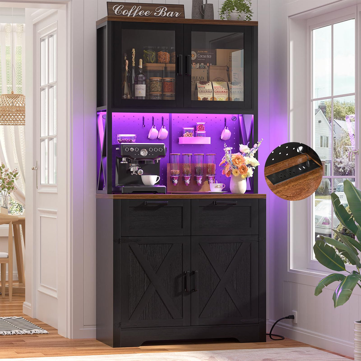 Unikito 71" Kitchen Pantry Cabinet with LED Light & Outlet, Microwave Stand