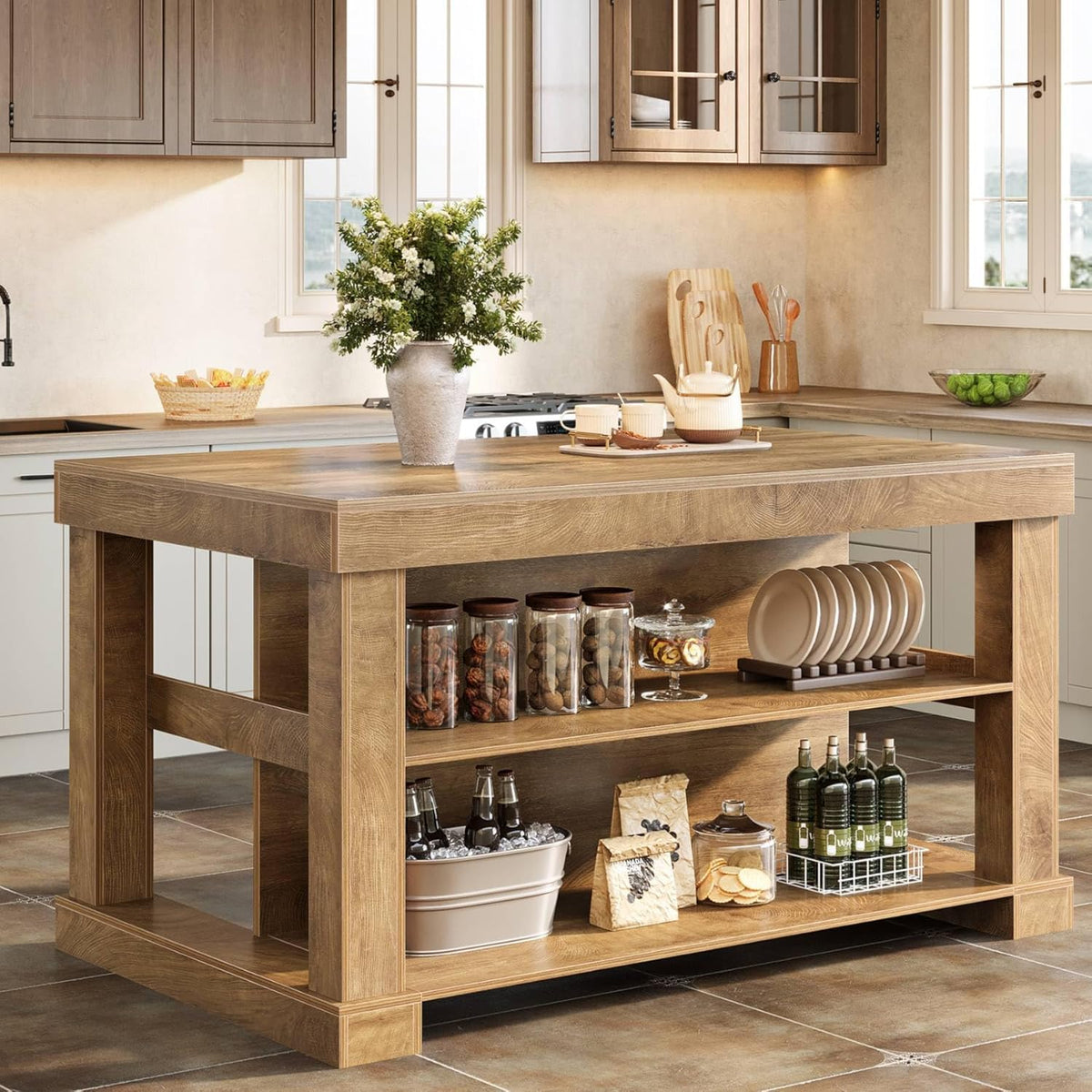 Tribesigns 55" Kitchen Island with Seating and Storage, 3-Tier, Modern