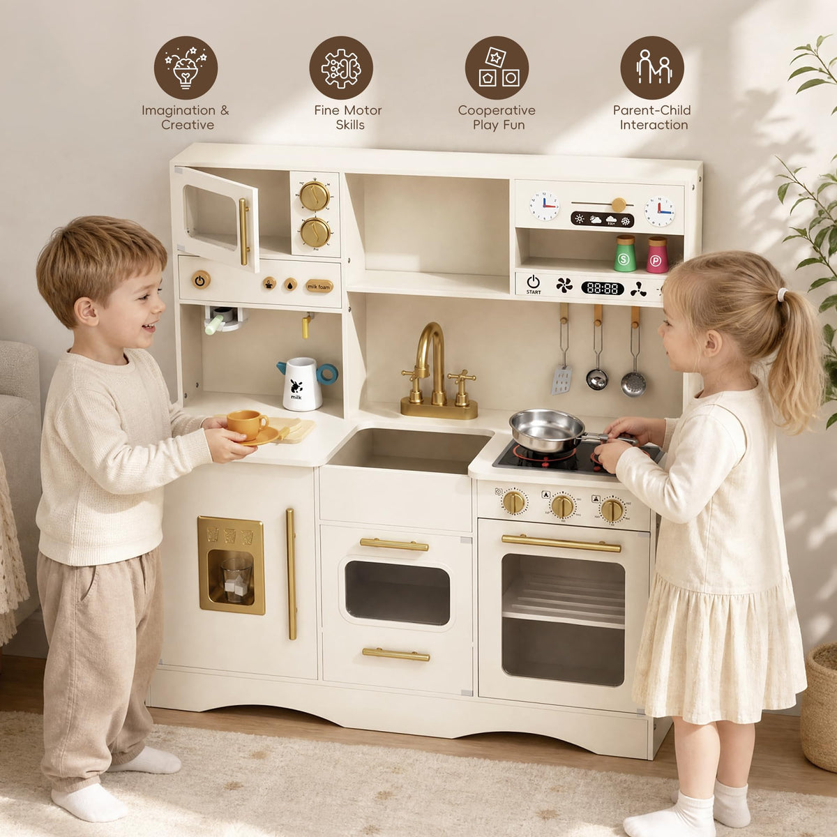 Wooden Play Kitchen, Kids Kitchen Playset with Interactive Feature