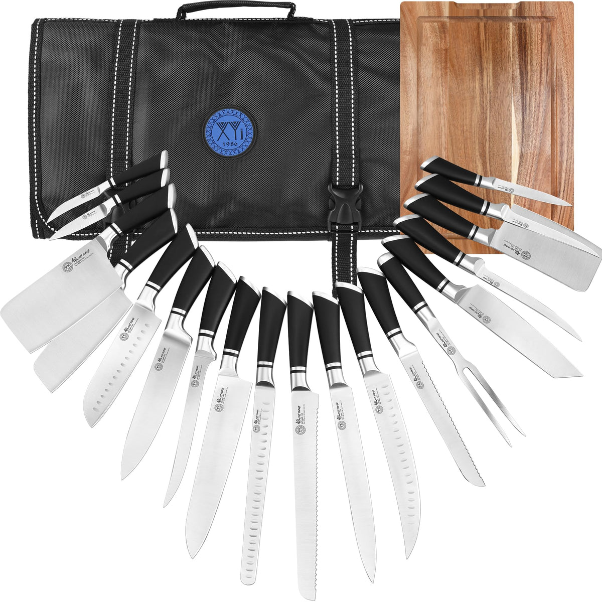 XYJ 19-Piece Kitchen Knife Set, Damascus Pattern Stainless Steel Blades, Ergonomic Grey Wood-Effect Handles, Multipurpose Professional Chef Knives for Cooking