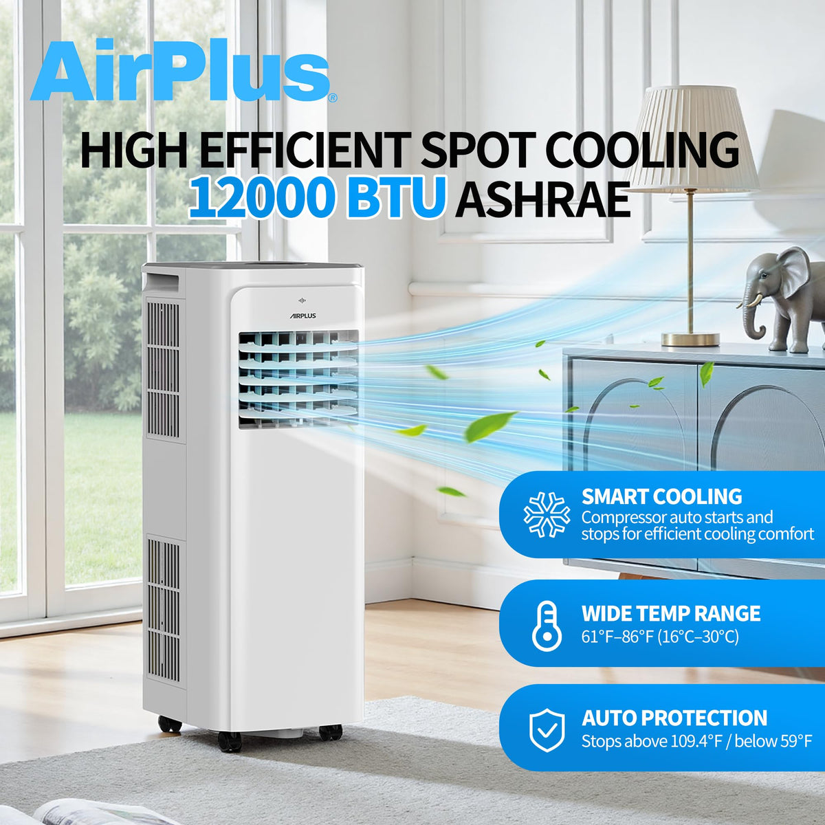 AIRPLUS 2026 Upgraded Portable Air Conditioner 12000 BTU with Heat, 4-in-1 AC Unit, Cooling & Heating for up to 700 Sq.Ft., Dehumidifier and Fan Mode, Remote Control, 24-Hour Timer, Automatic Defrost